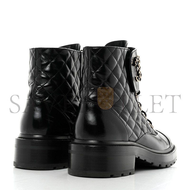 Ch*el shiny calfskin quilted lace up combat boots